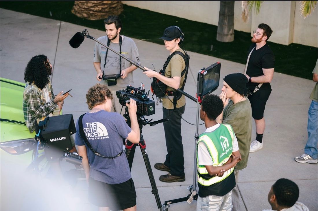 Crew setting up an exterior shot